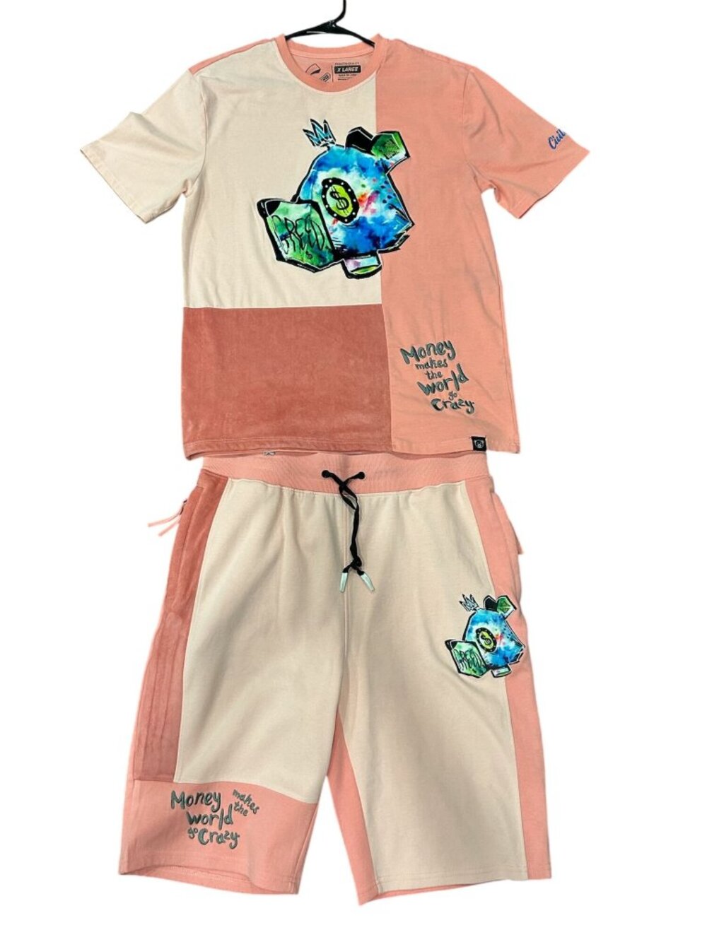 Civilized XL Colorblock Graffiti Graphic T-Shirt Shorts Set Casual Camp Retro